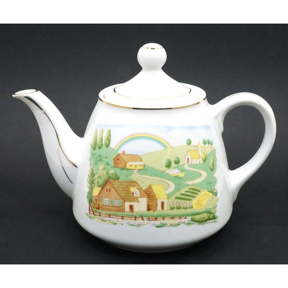 Vintage Porcelain Teapot 5" Tall Farm Scene w/ Rainbow from Japan Mint Condition